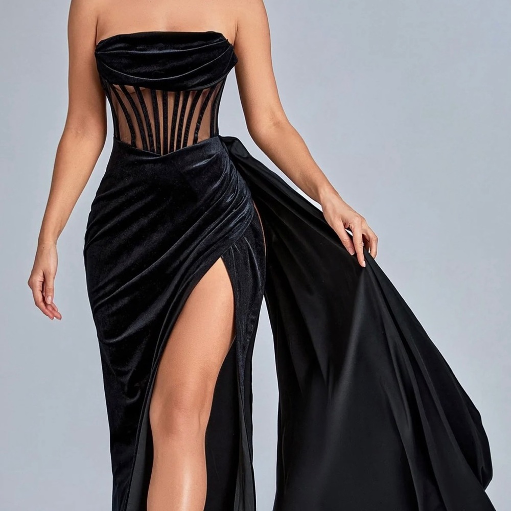 Satin formal dress with high slit and bone corset in multiple sizes